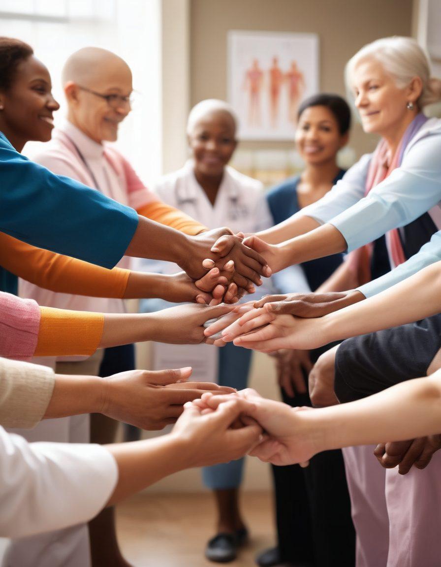A diverse group of cancer warriors, including different ages and ethnicities, gathering together in a bright, supportive environment, sharing resources and holding hands in solidarity. In the background, images of medical charts and informational pamphlets are subtly placed, representing knowledge and empowerment. Soft light filters through, creating an uplifting atmosphere. super-realistic. vibrant colors. soft focus.