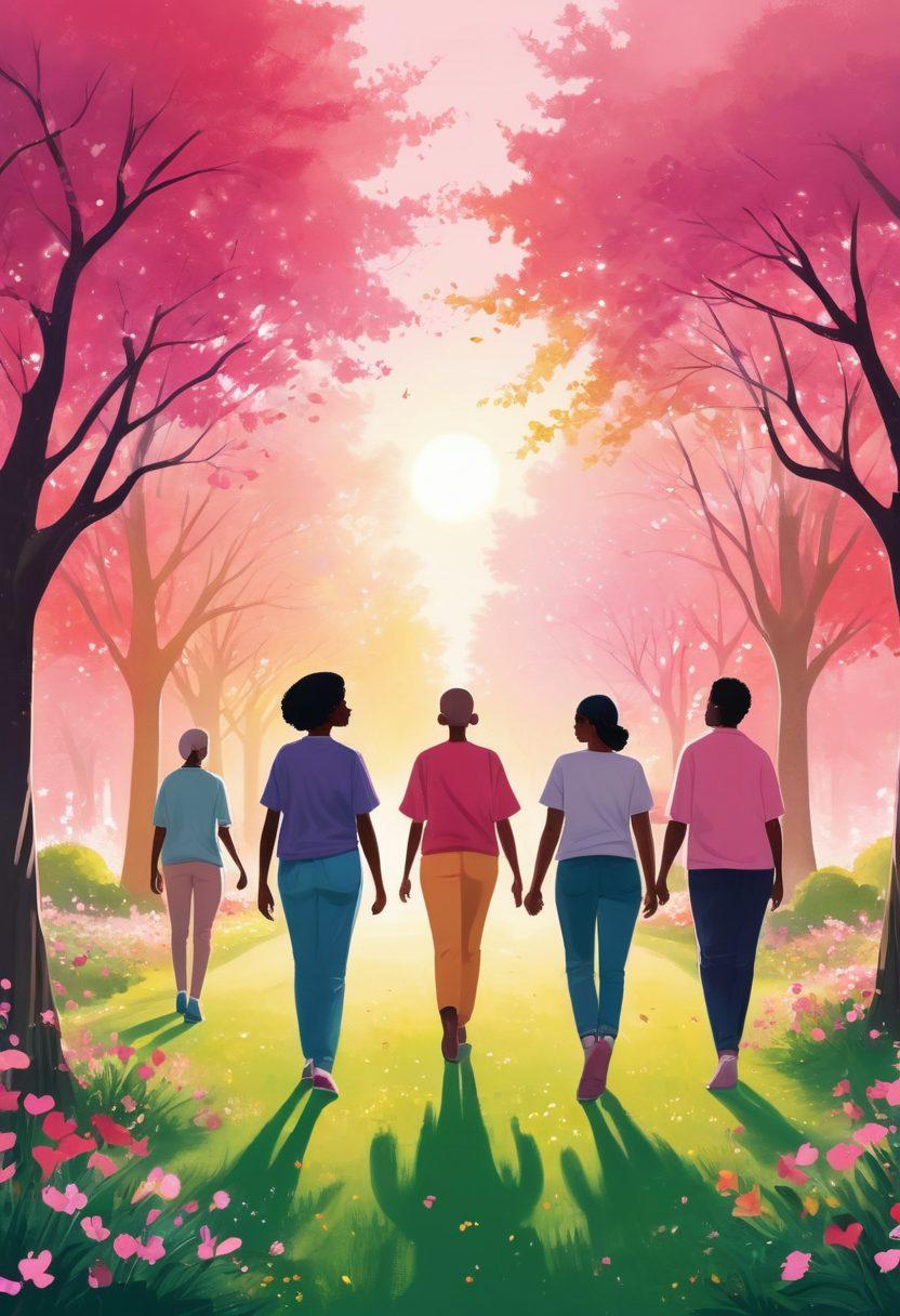 An inspiring and heartwarming illustration depicting a diverse group of people coming together in a lush park, symbolizing unity and strength in the face of cancer. Include icons of hope such as pink ribbons and wellness elements like greens and fruits scattered around. Show a radiant sun shining down, infusing the scene with warmth and optimism. The background should have silhouettes of healthy trees and blooming flowers. vibrant colors. painting.