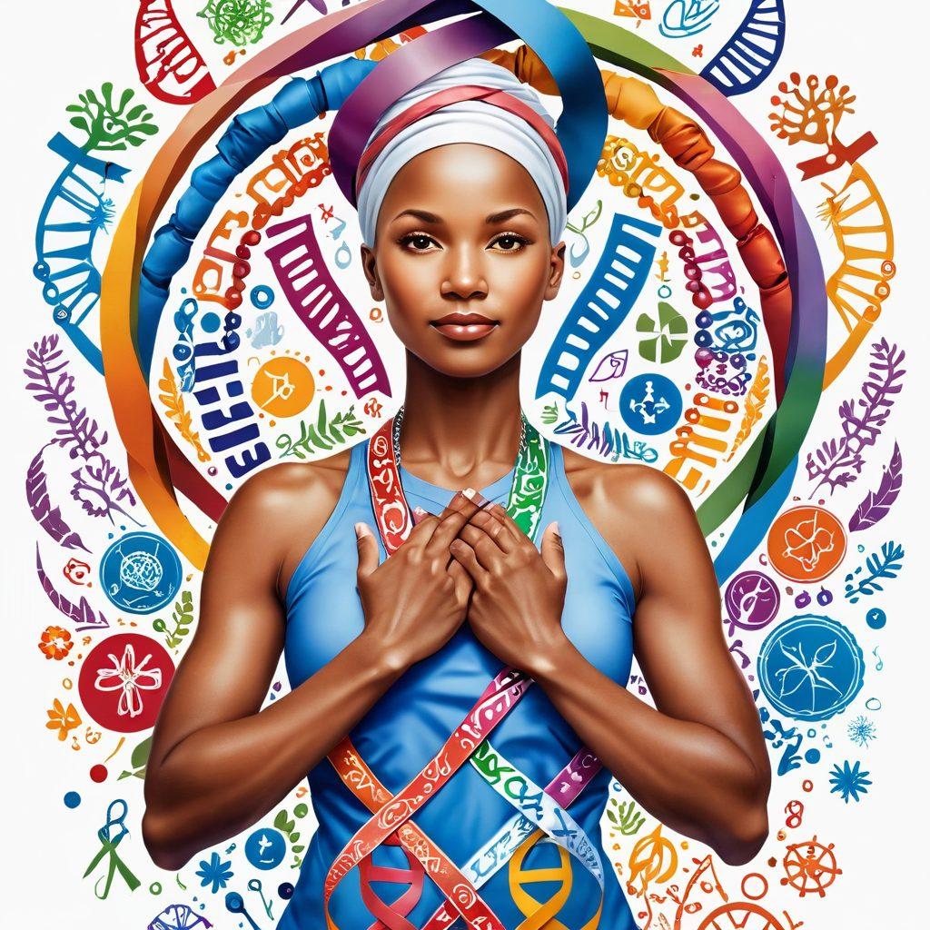 A courageous cancer warrior standing strong with a backdrop of various medical advances like a DNA helix and research icons. Surrounding them are symbols of community support, such as hands joined together and ribbons in diverse colors. The scene conveys hope and empowerment through warm, uplifting tones. super-realistic. vibrant colors. white background.